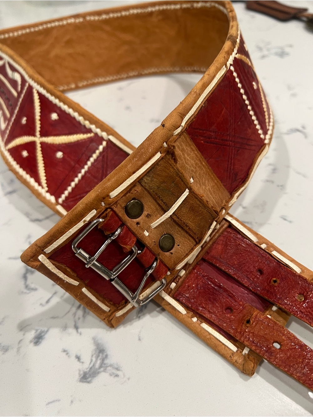Vintage red handmade stitch leather belt